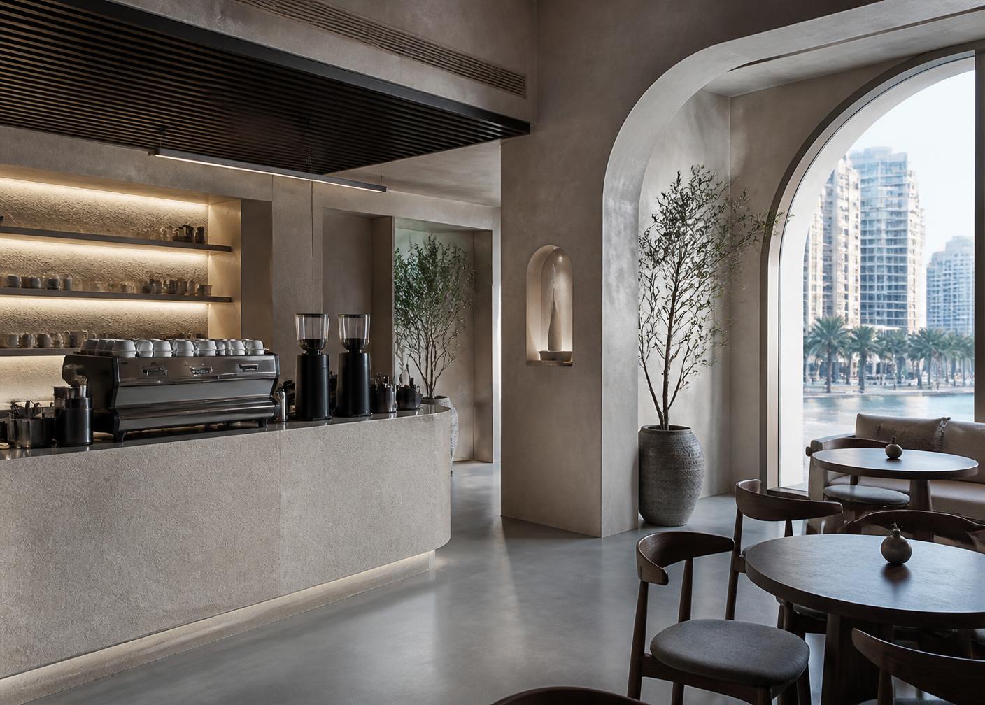 Interior of a specialty café in Doha, a QNOW deployment context
